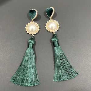 Fashion Earrings with Faux Pearls and Green Tassels
